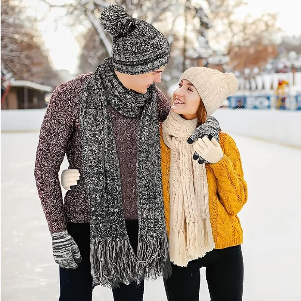 2 Sets Winter Warm Beanie Hat Scarf Women Men and Touchscreen Gloves Socks Set 3 in 1