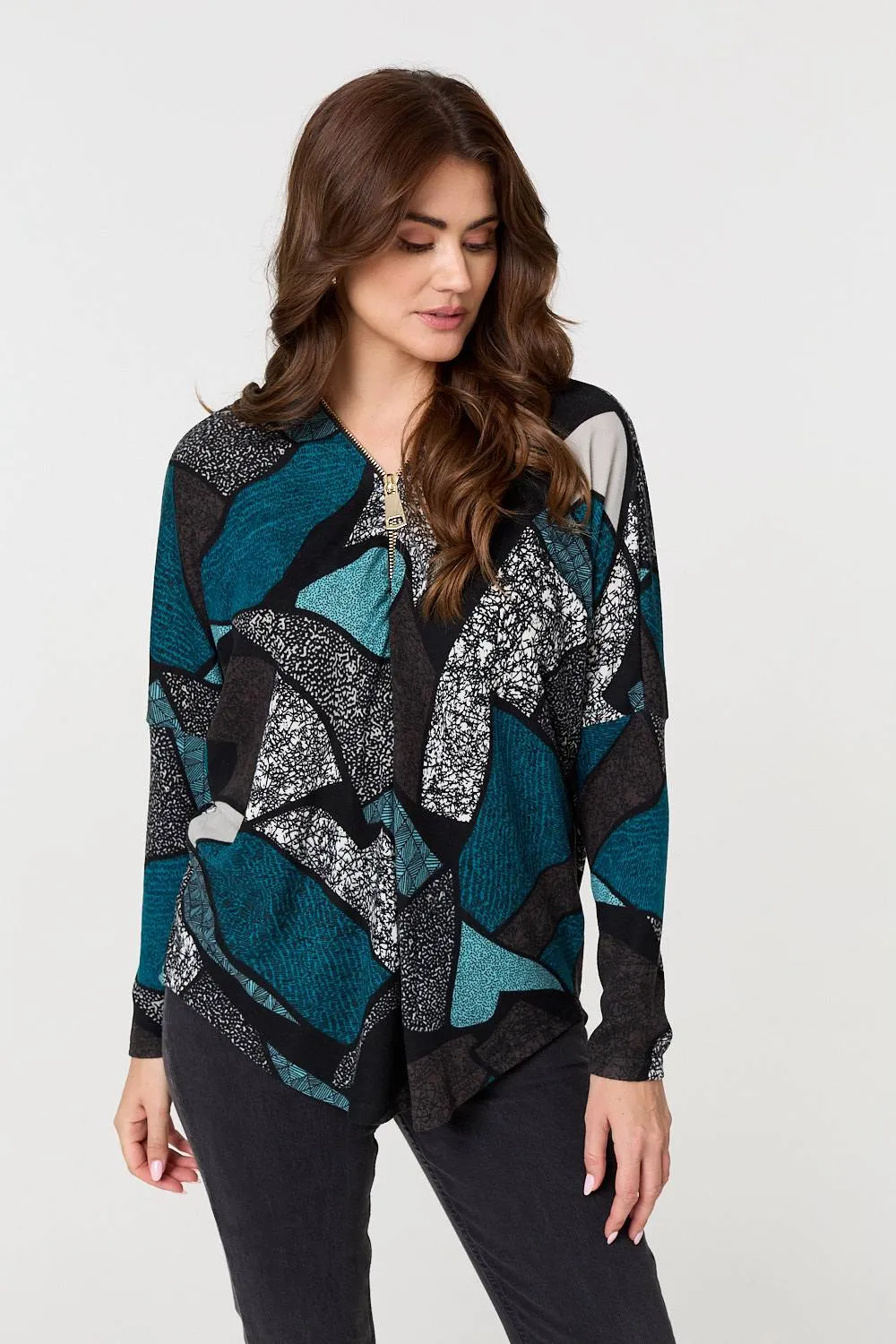 Abstract Print Zip-Front Long Sleeve Top