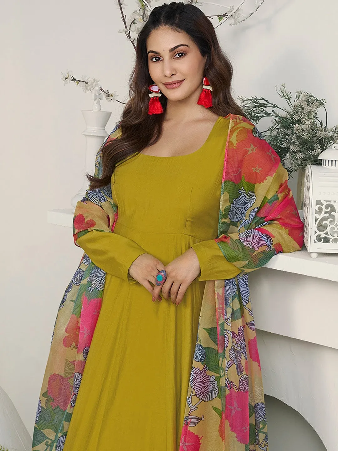 Amyra Dastur Mustard Yellow Square Neck Empire Pure Silk Anarkali Kurta with Trousers & Dupatta