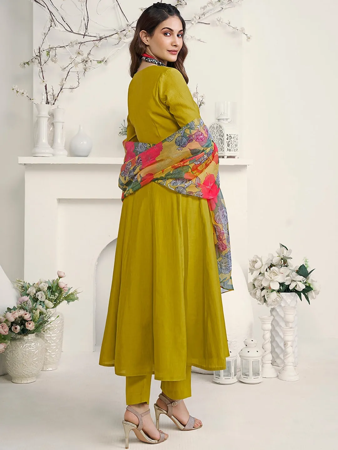 Amyra Dastur Mustard Yellow Square Neck Empire Pure Silk Anarkali Kurta with Trousers & Dupatta