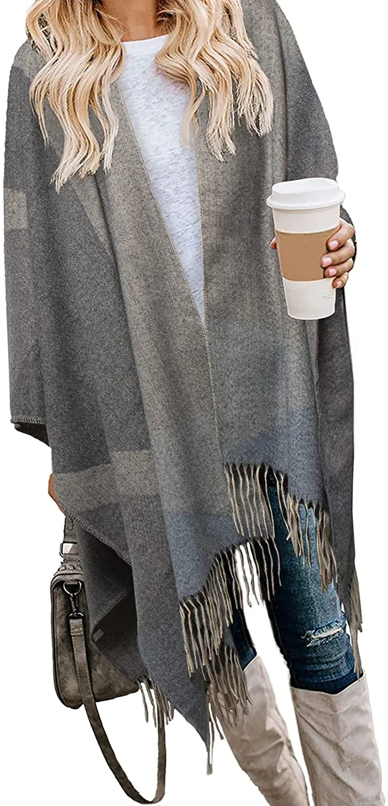 Bestshe Women's Stylish Open Front Poncho Cape Clock Block Oversize Knitted Shawl Wrap for Women