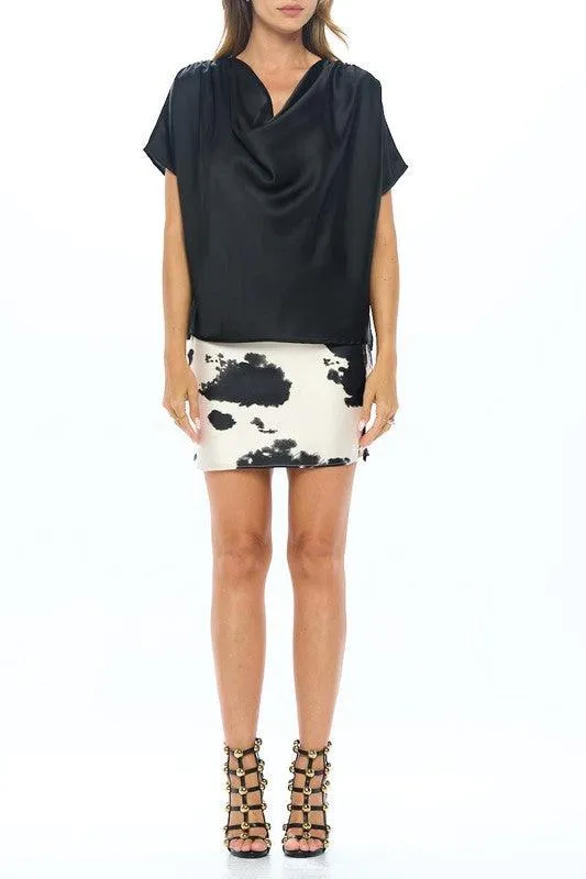 Black Satin Cowl Neck Short Sleeve Top