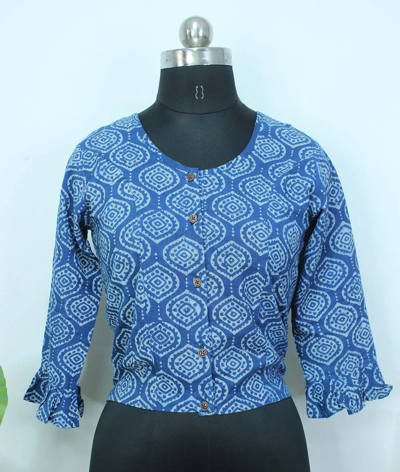 Blue Ajrakh Block Printed Cotton Crop Top Stitched Blouse