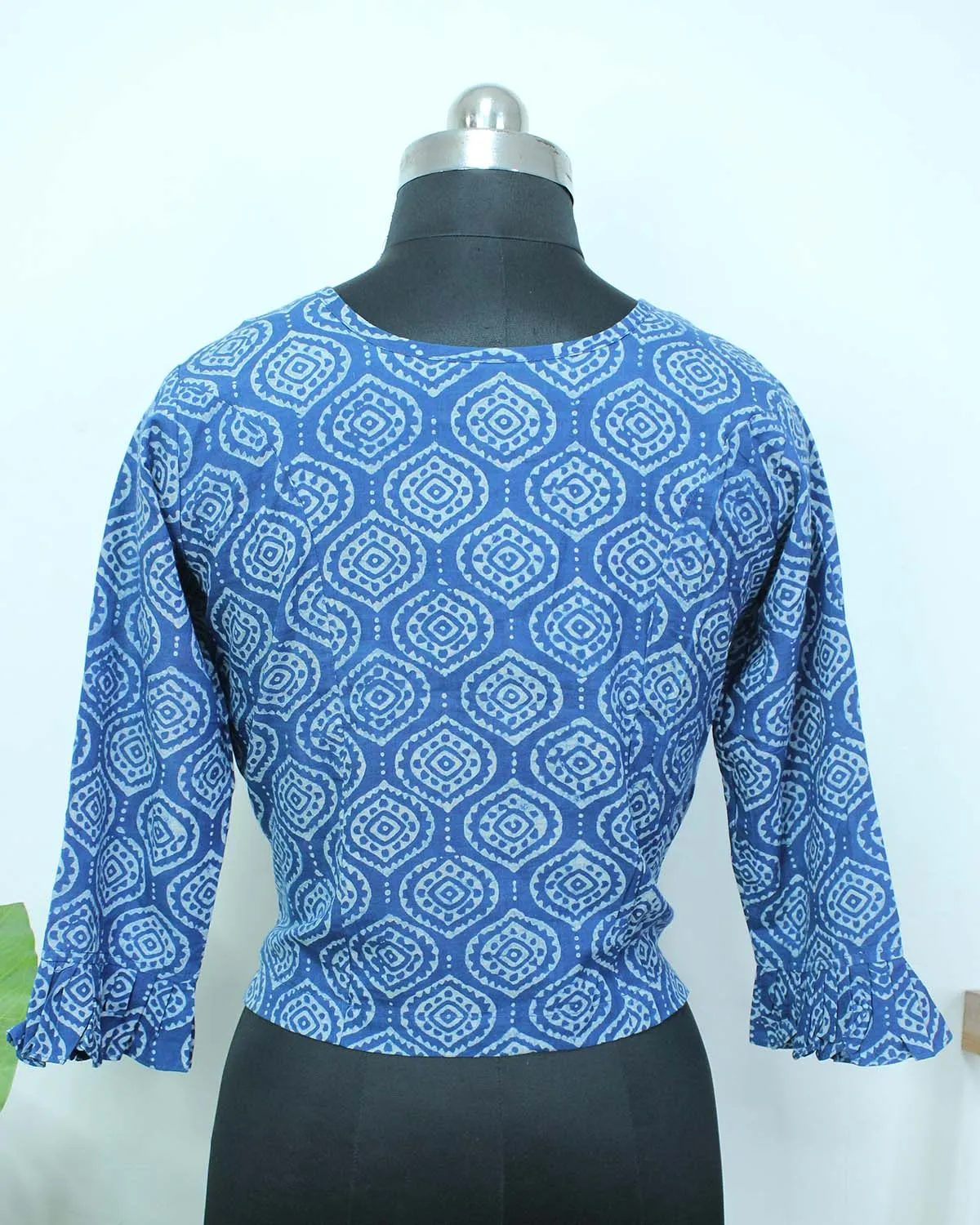 Blue Ajrakh Block Printed Cotton Crop Top Stitched Blouse