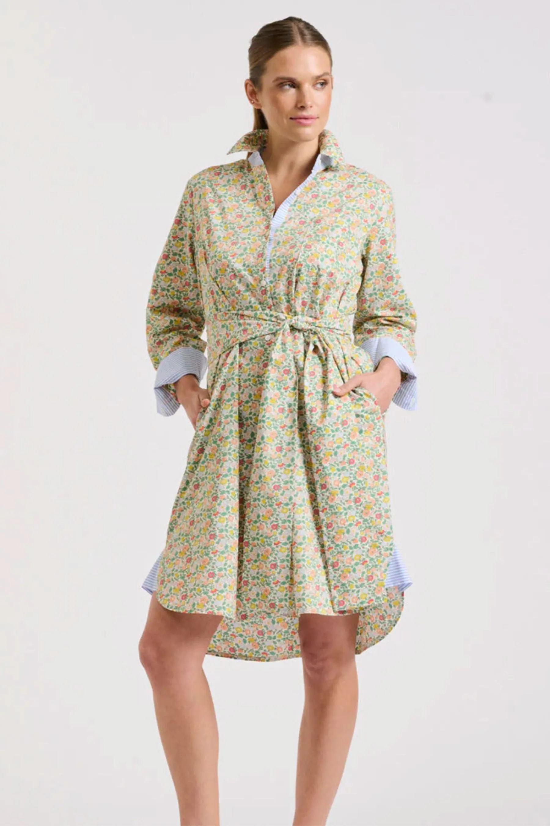 Classic Shirt Dress | Floral/Blue Stripe Trim