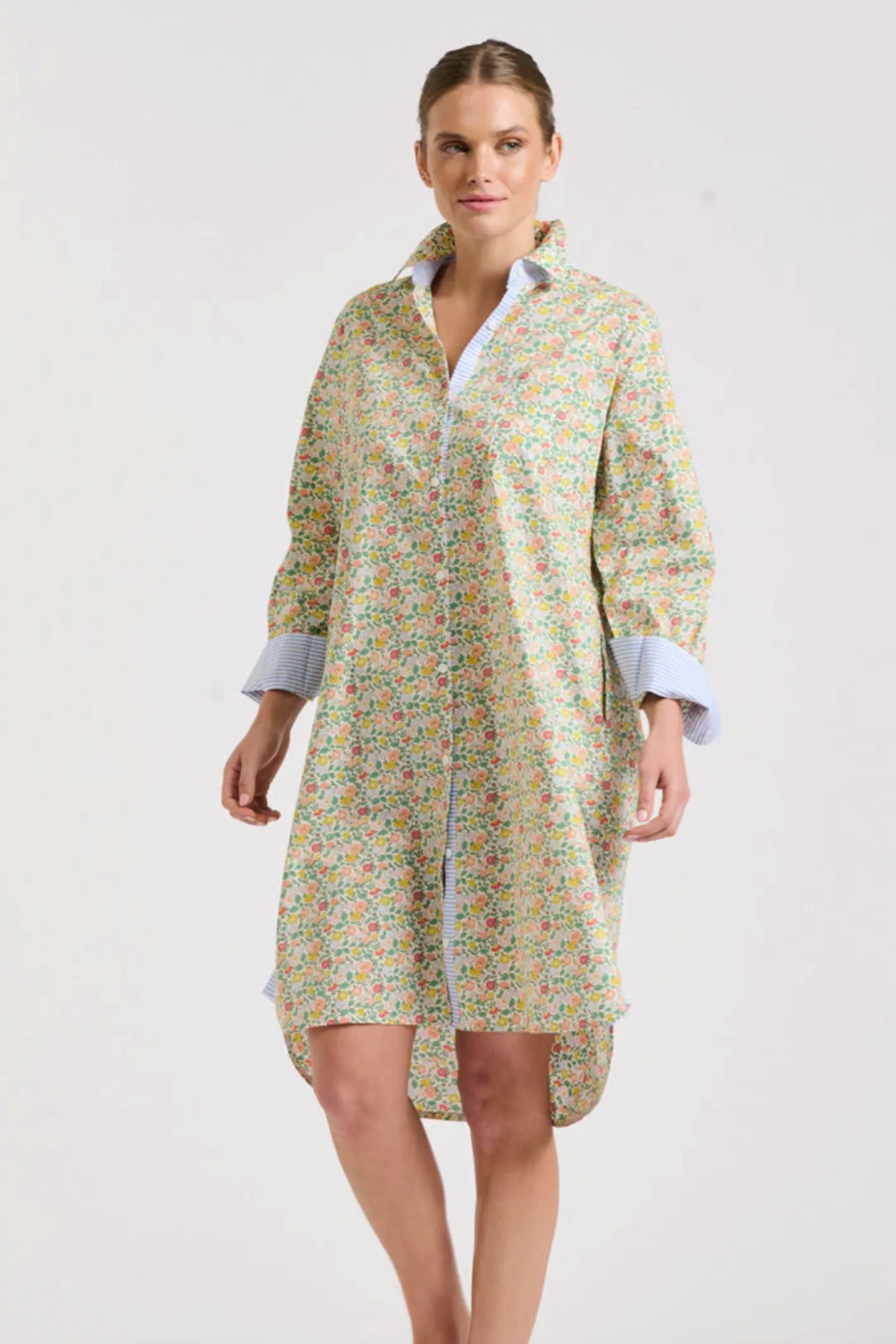 Classic Shirt Dress | Floral/Blue Stripe Trim