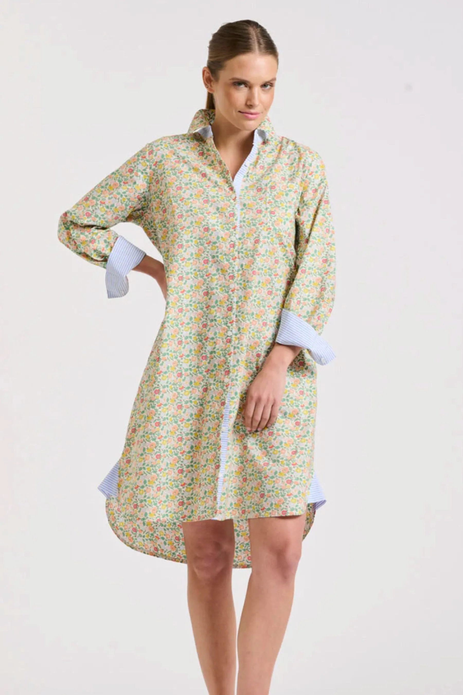 Classic Shirt Dress | Floral/Blue Stripe Trim