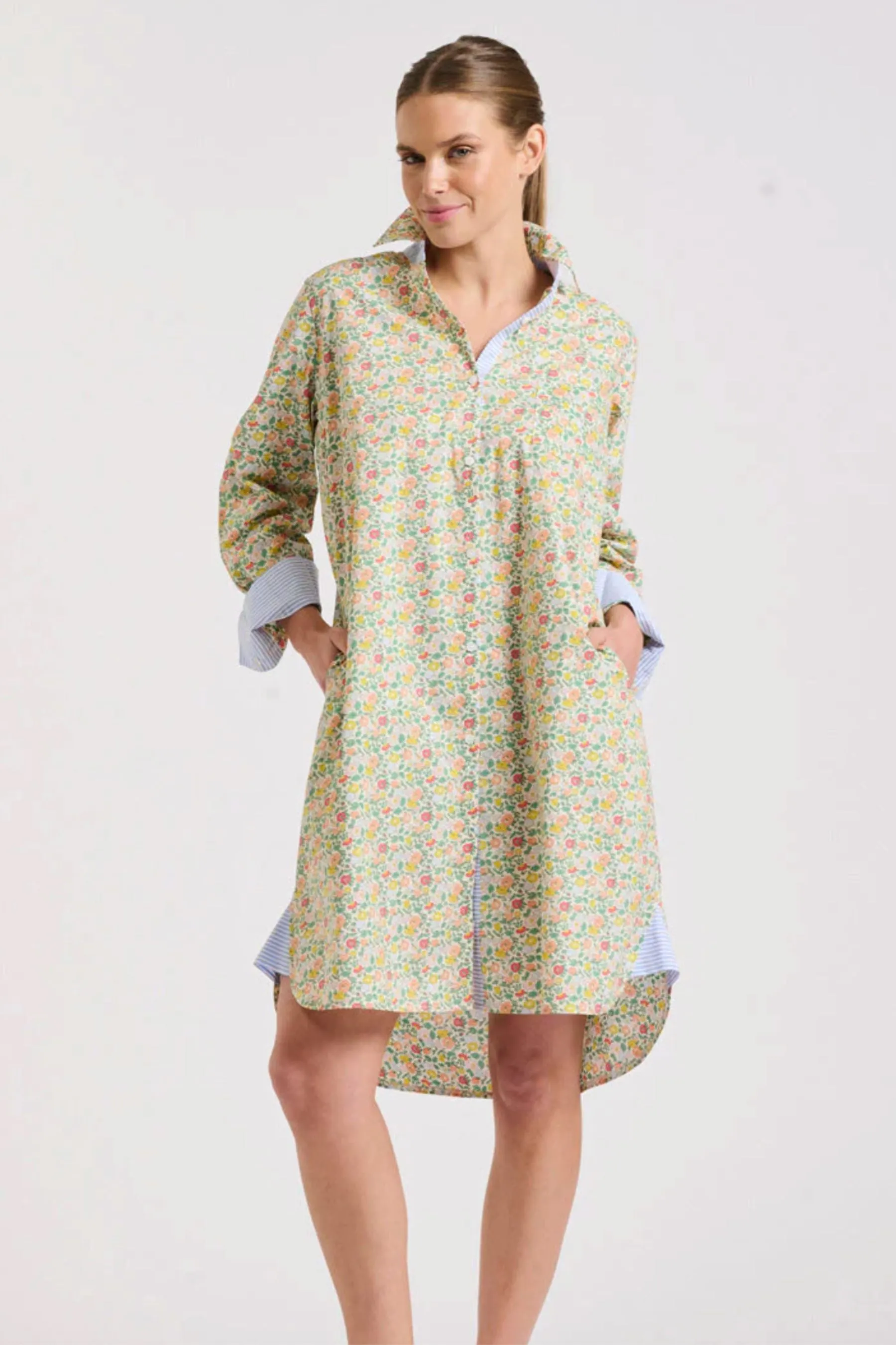 Classic Shirt Dress | Floral/Blue Stripe Trim