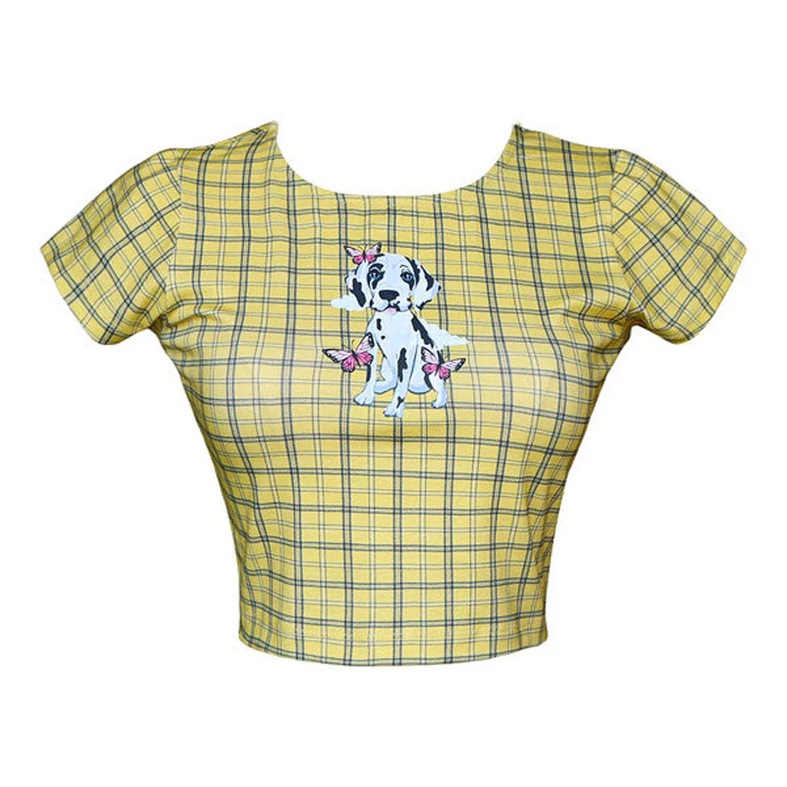 Cloud Haven Plaid Sweet Dane Tee | Yellow Plaid Graphic Baby Tee