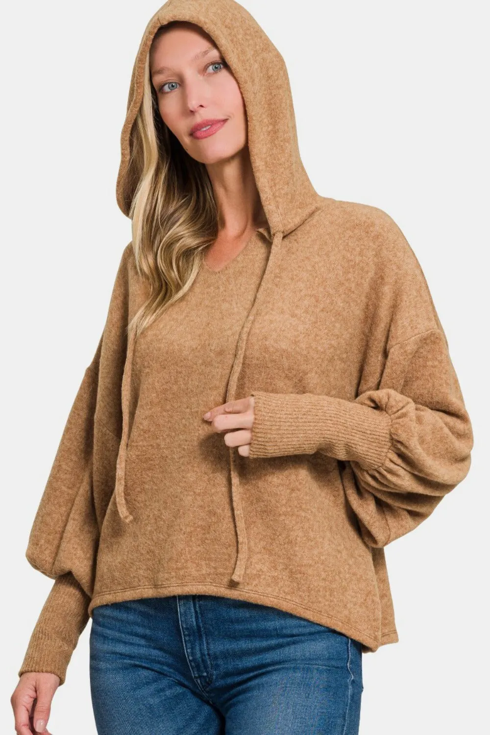 Cozy Camel Brushed Hacci Cropped Hoodie with Drop Shoulder