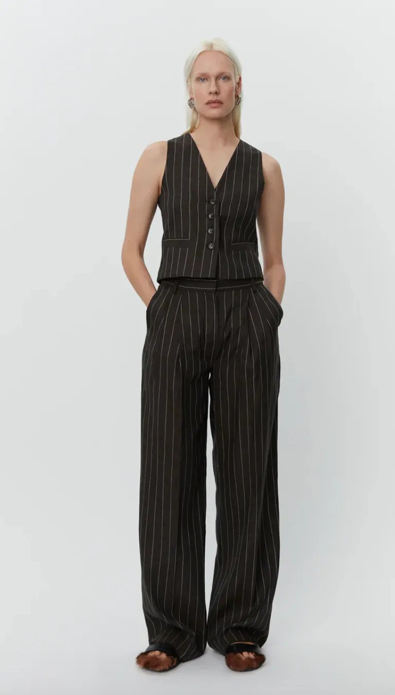 Enzo Casual Chocolate Linen Stripe Trousers