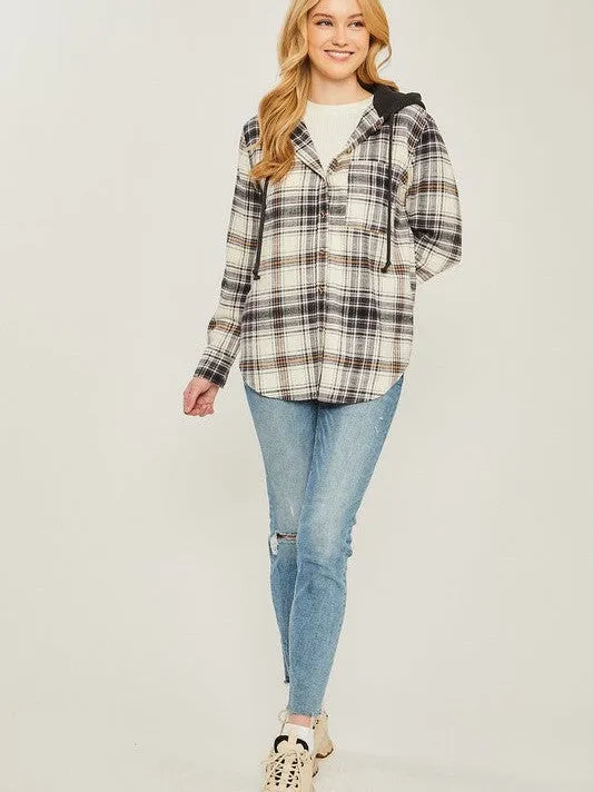 Falling Leaves, Rising Fashion - Plaid Flannel Button Up Shacket with Hood