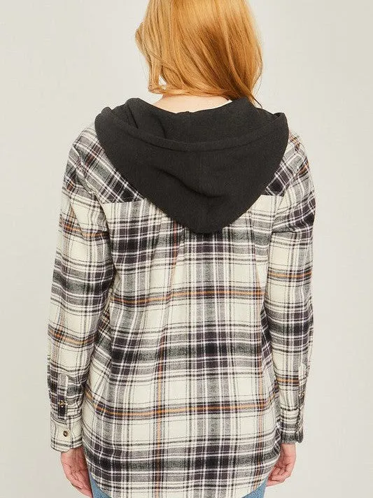 Falling Leaves, Rising Fashion - Plaid Flannel Button Up Shacket with Hood