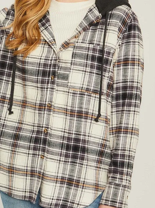 Falling Leaves, Rising Fashion - Plaid Flannel Button Up Shacket with Hood