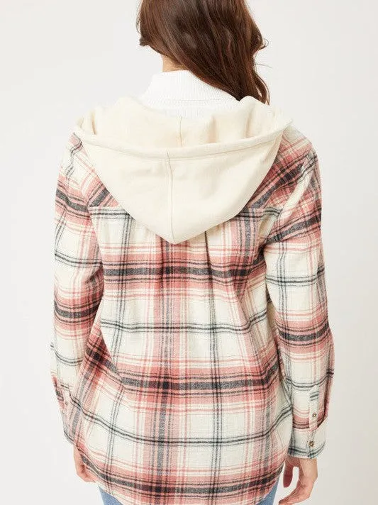 Falling Leaves, Rising Fashion - Plaid Flannel Button Up Shacket with Hood