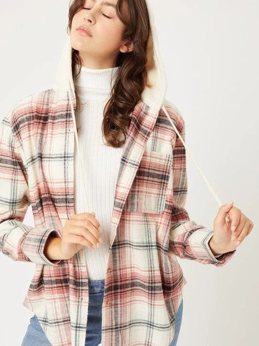 Falling Leaves, Rising Fashion - Plaid Flannel Button Up Shacket with Hood