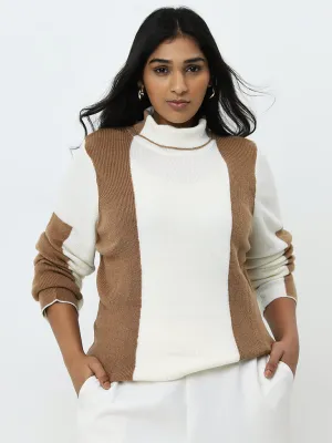 Gia Beige & White Colour Blocked Sweater