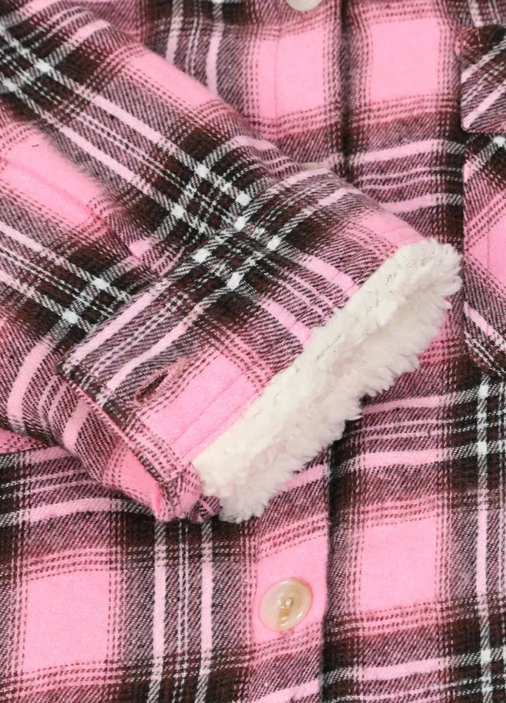 Girls Matching Family Pink Hooded Plaid Flannel Shirt Jacket