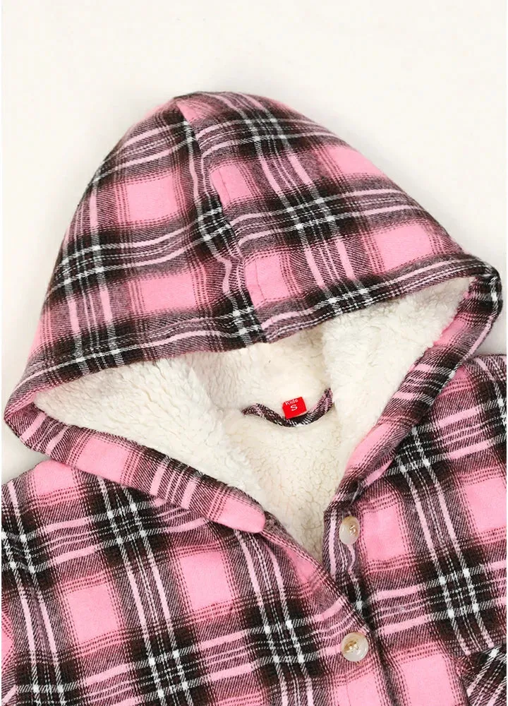 Girls Matching Family Pink Hooded Plaid Flannel Shirt Jacket