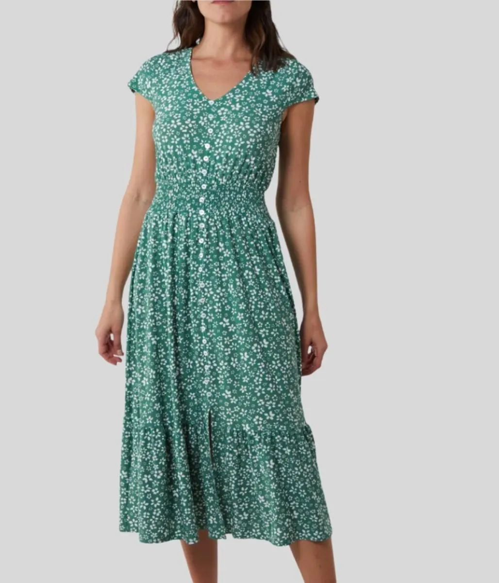 Green Ditsy Button Through Midi Dress