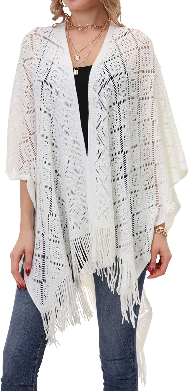 Knit Shawl Wrap for Women - Soul Young Ladies Fringe Knitted Poncho Cardigan Cape