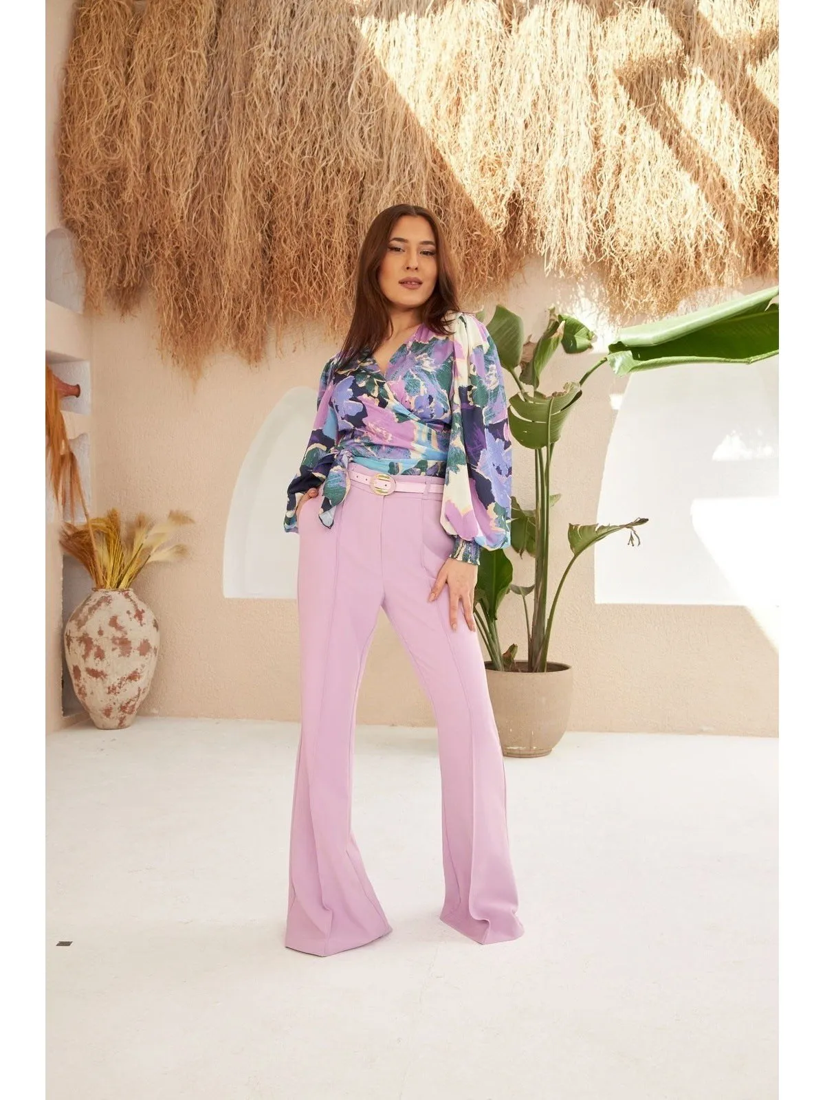 Light Purple Normal Waist Belted Trousers