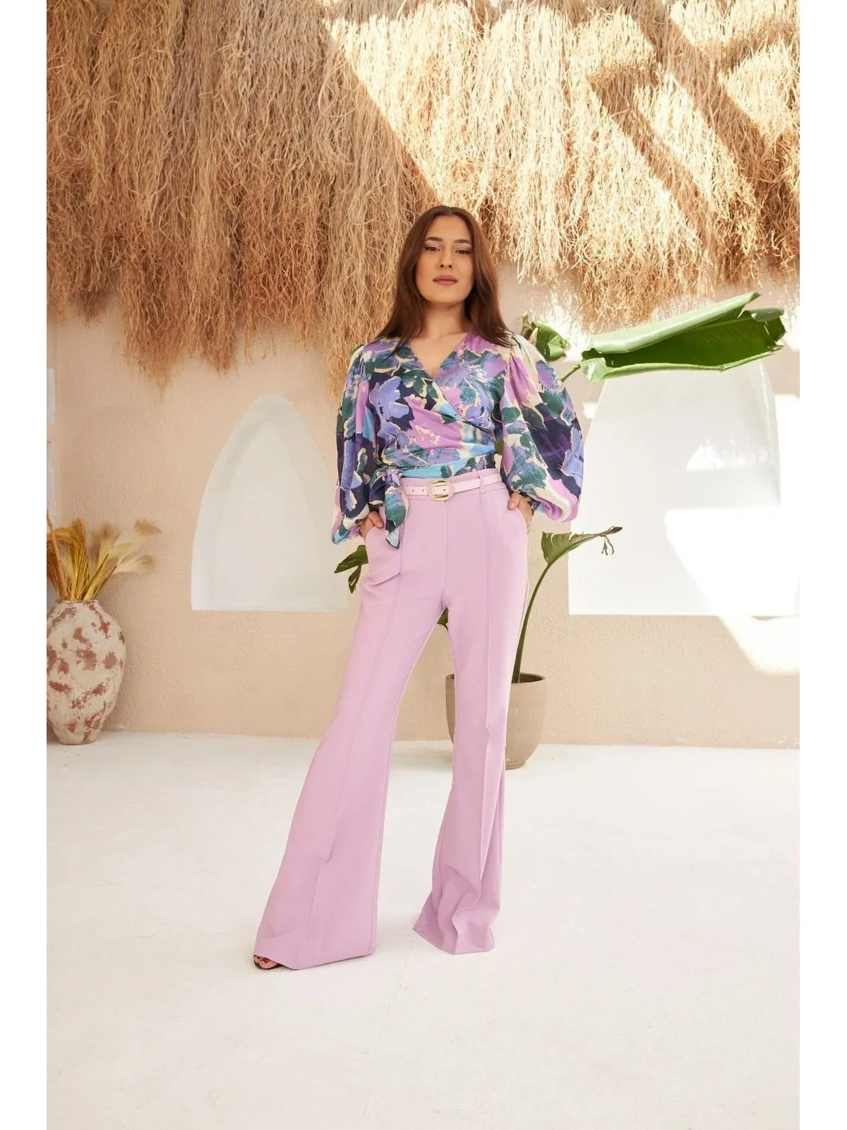 Light Purple Normal Waist Belted Trousers