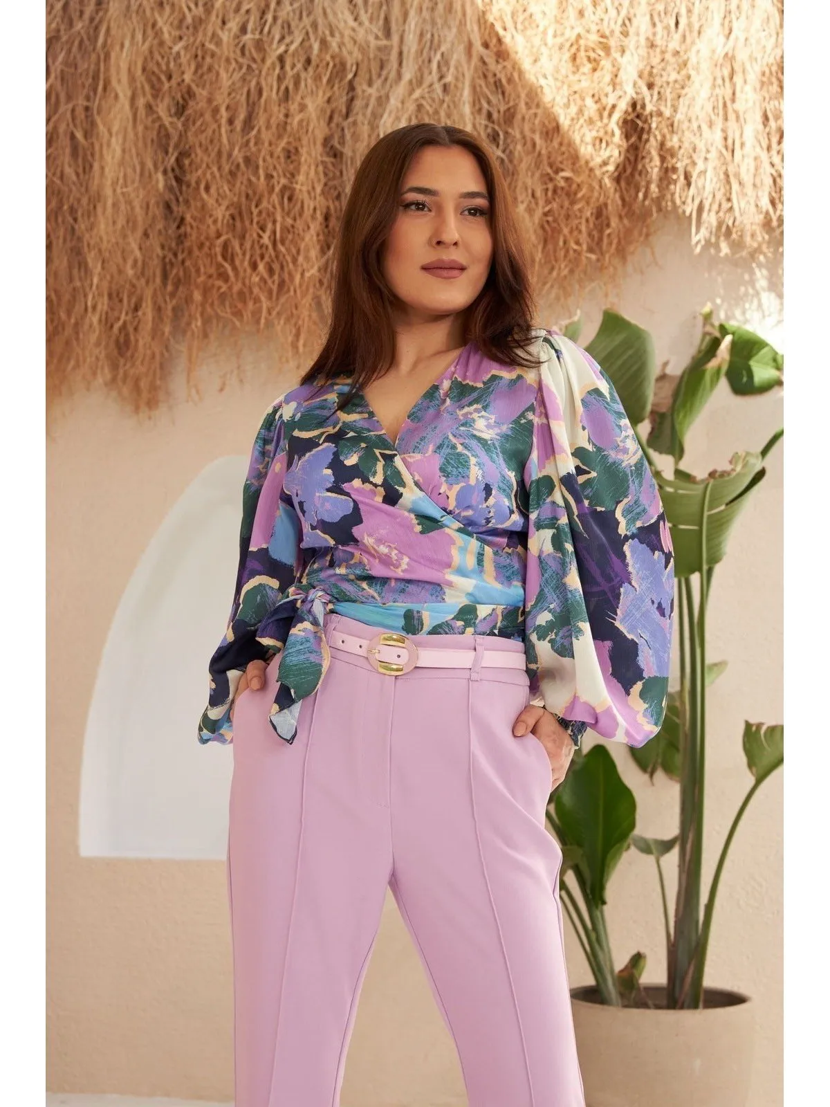 Light Purple Normal Waist Belted Trousers