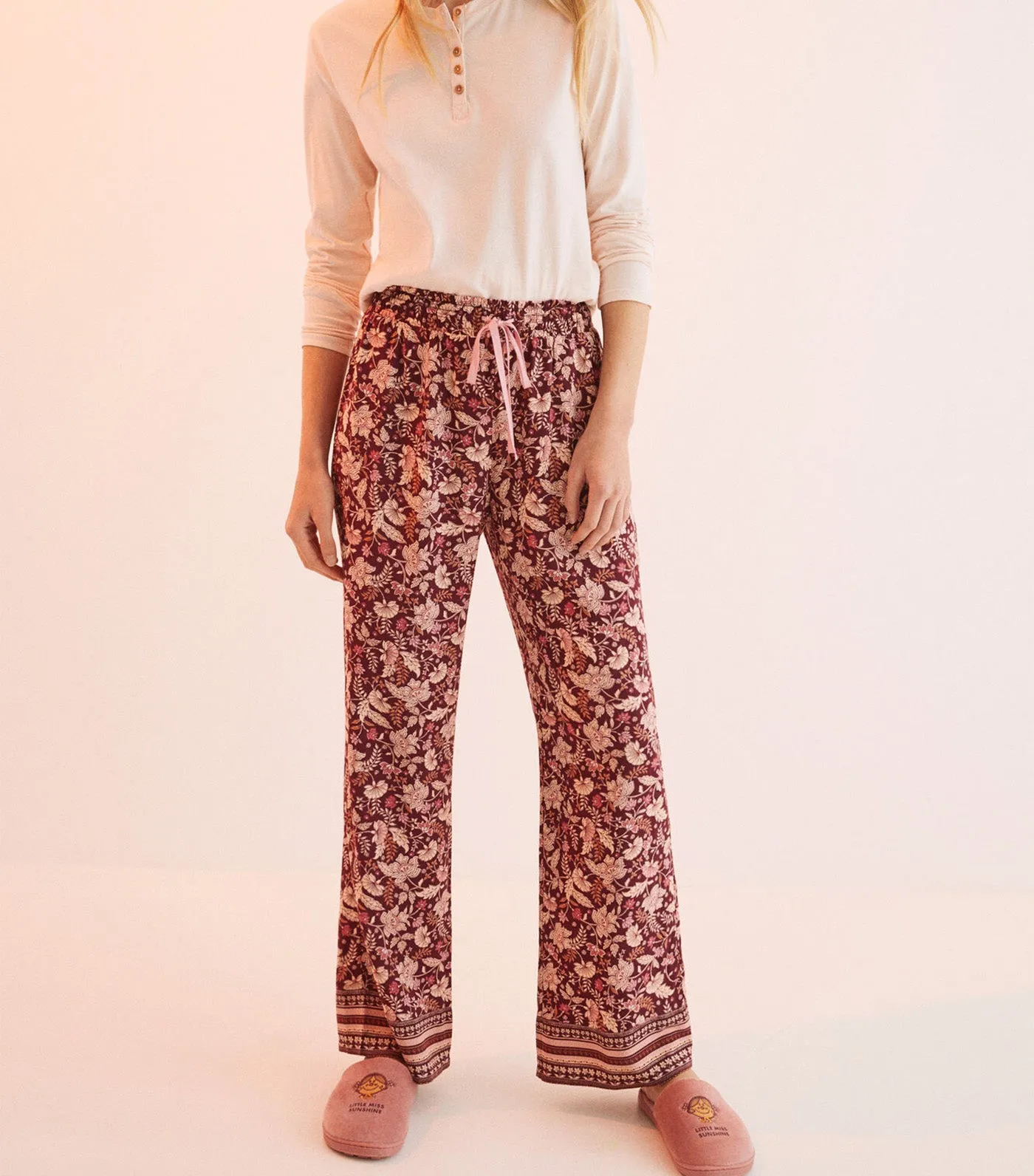 Long Floral Trousers Maroon