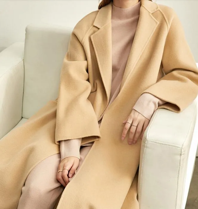 Long Women Winter Woolen Coat Long Women Wool Coat Jacket Waist Belt 3002