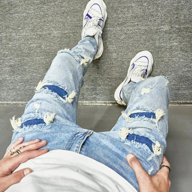 Men's Casual Skinny Jeans Streetwear Stylish Ripped Hip Hop Denim Trousers