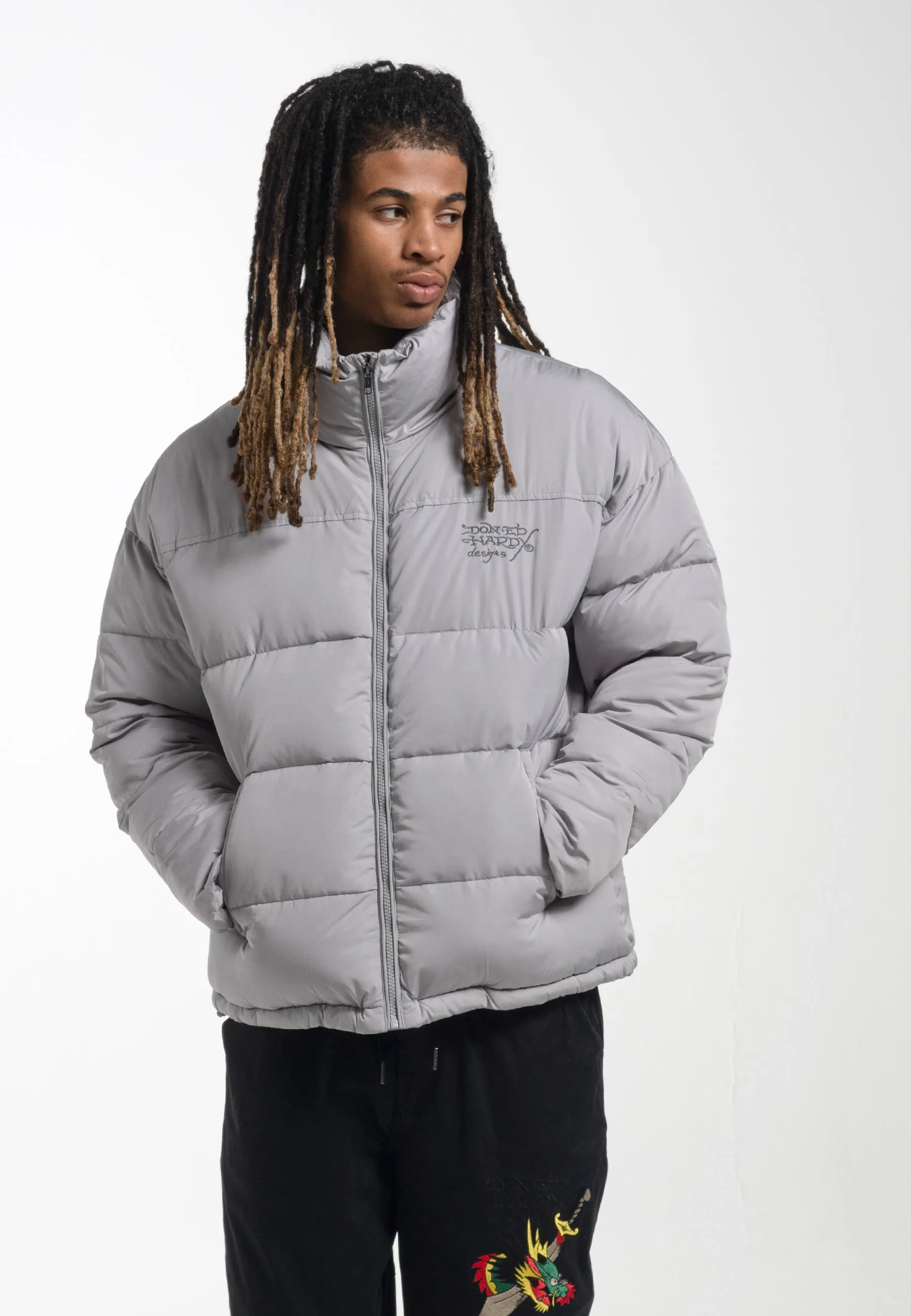 Mens Eye-Ball-Skull Puffer Jacket - Grey