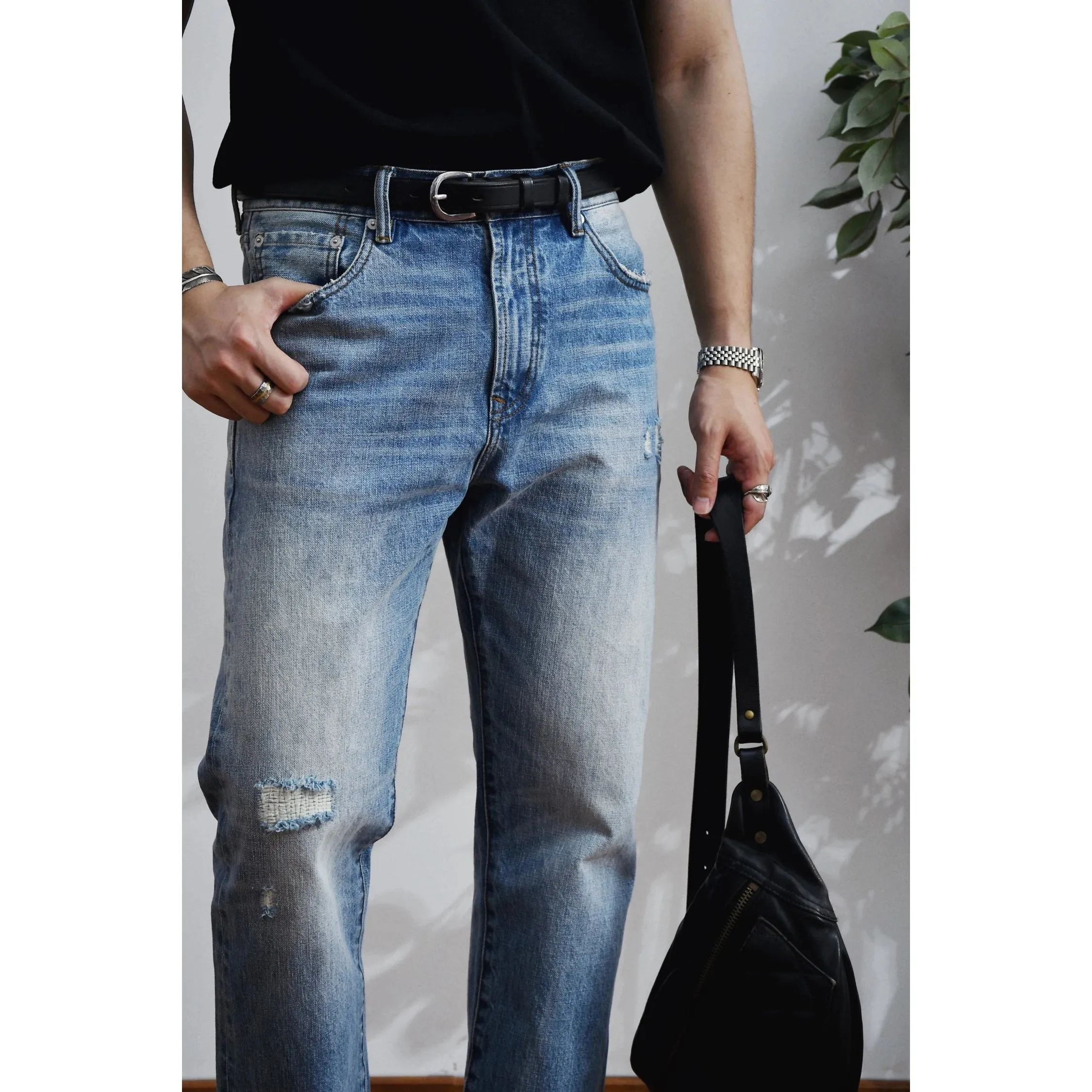 Men's Ripped Jeans Distressed Washed Straight Light Blue Vintage Work Pants