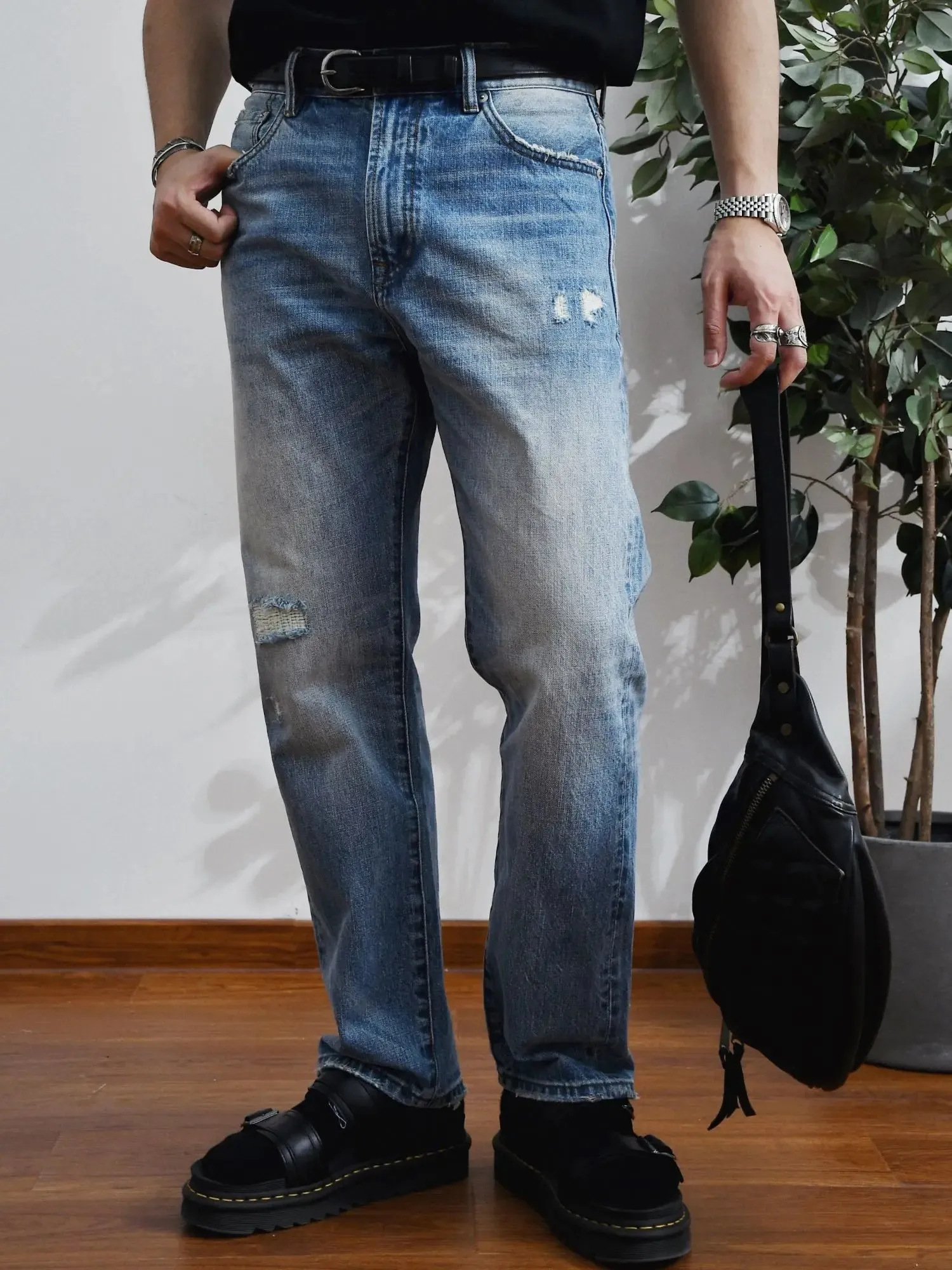 Men's Ripped Jeans Distressed Washed Straight Light Blue Vintage Work Pants