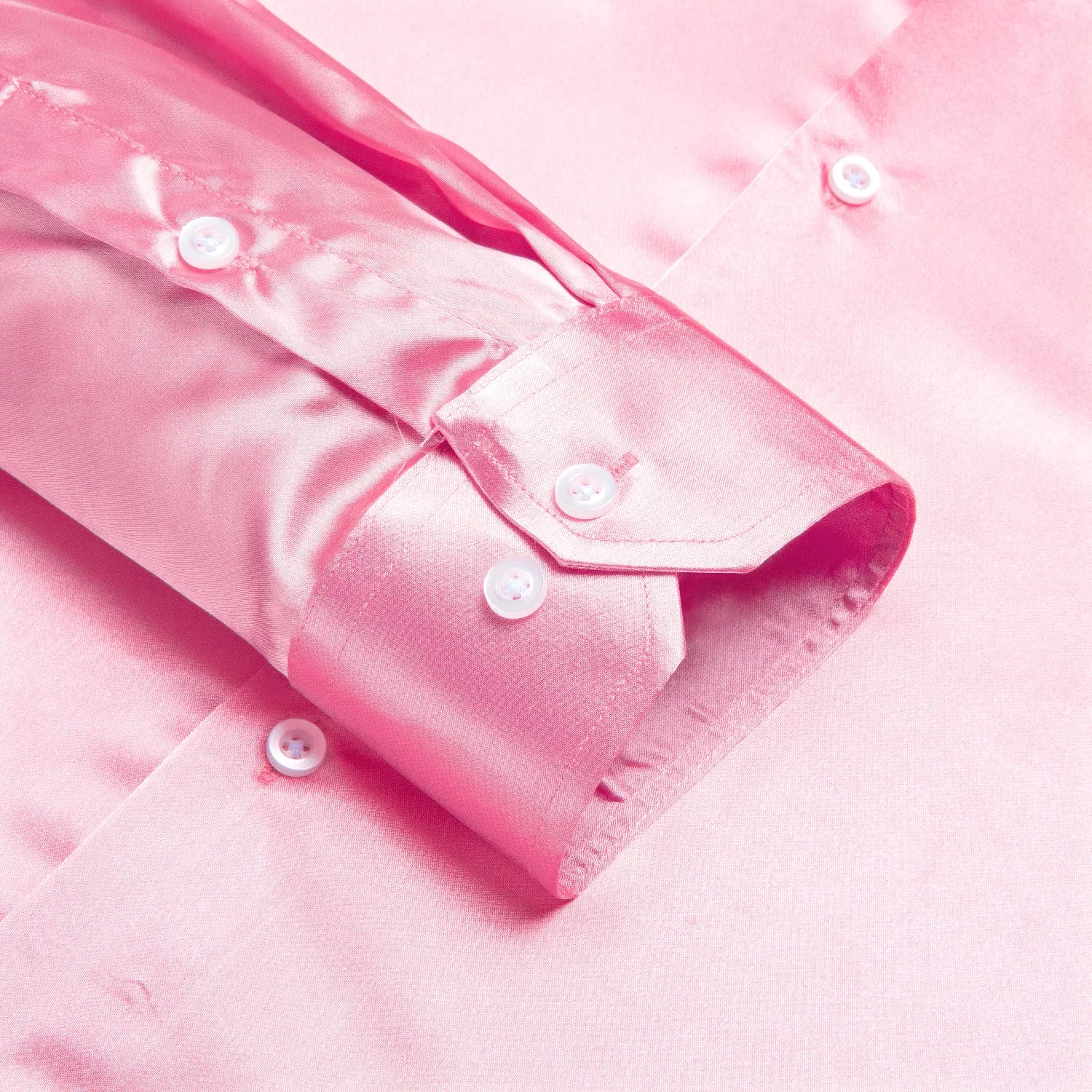 Pink Solid Satin Men's Long Sleeve Dress Shirt