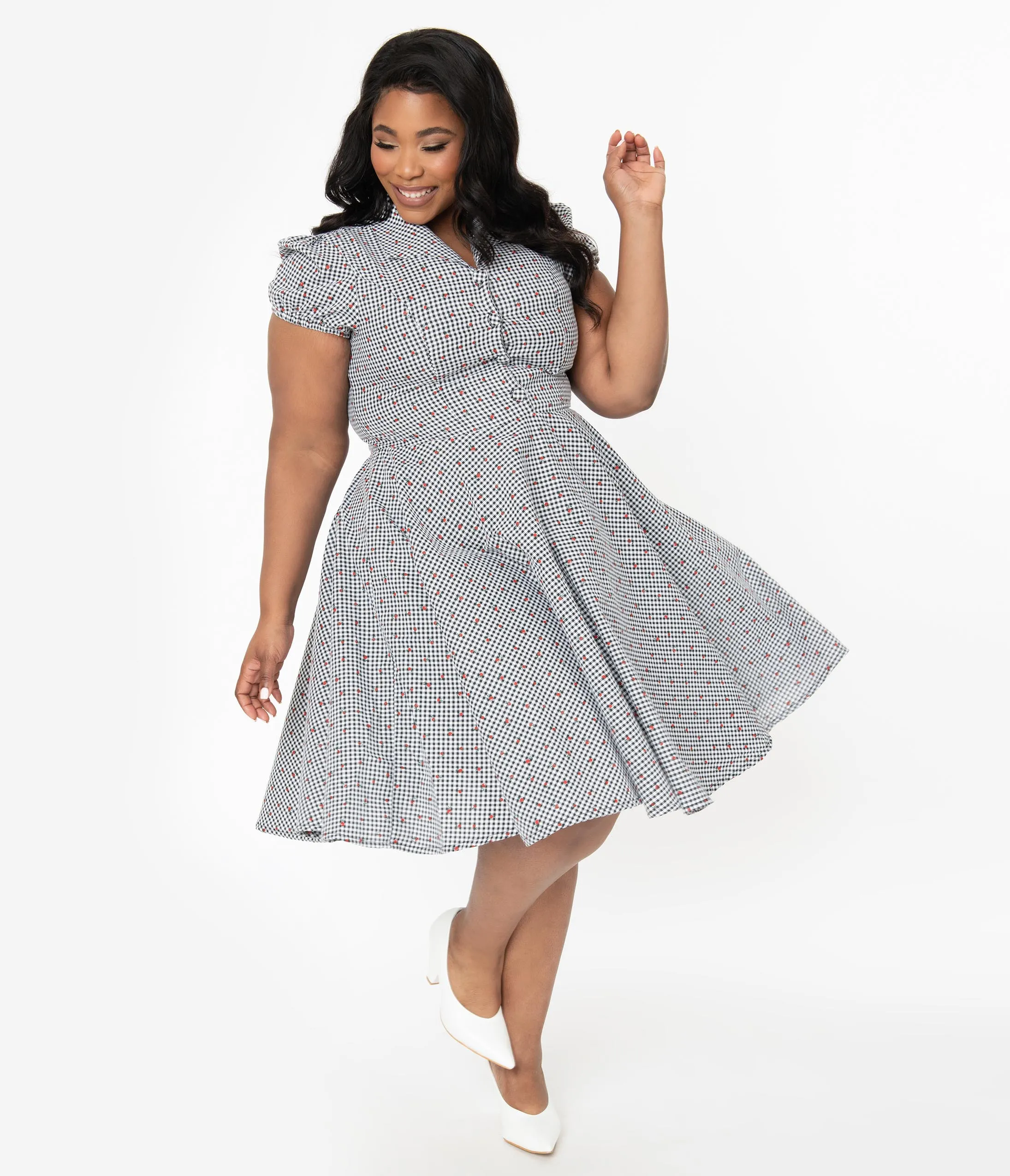 Plus Size Black & White Gingham Cherry Print Mona Swing Dress