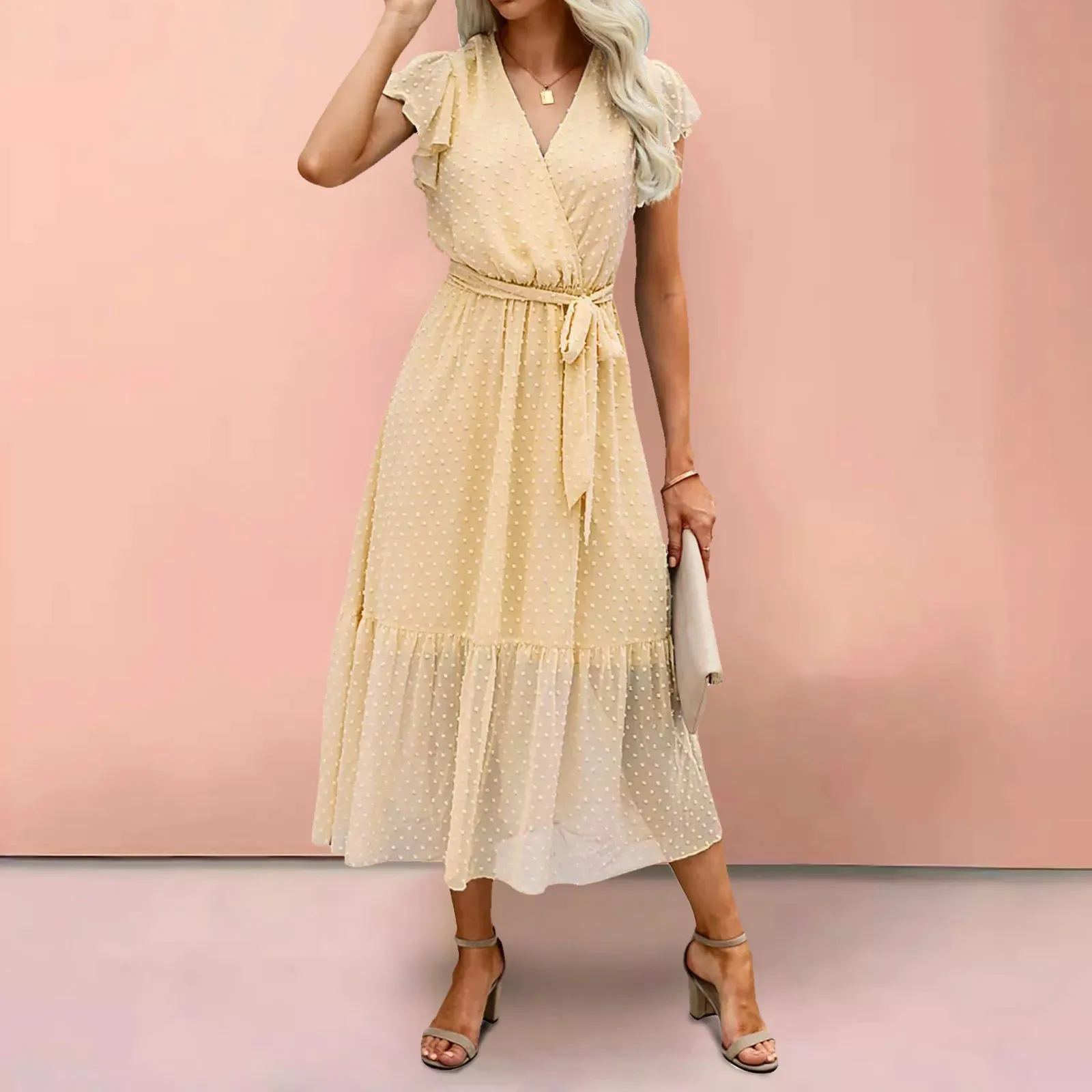 Pure Color Waist Edge V Neck Fresh Sweet Short Sleeve Midi Casual Dress