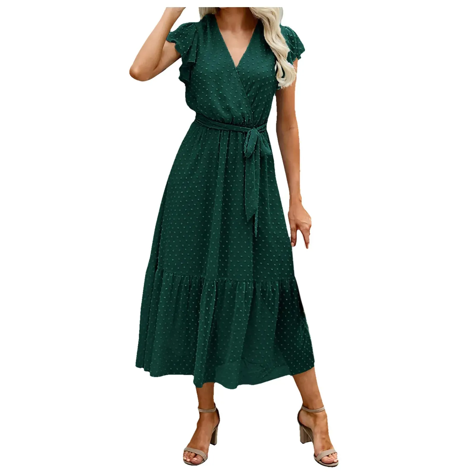 Pure Color Waist Edge V Neck Fresh Sweet Short Sleeve Midi Casual Dress