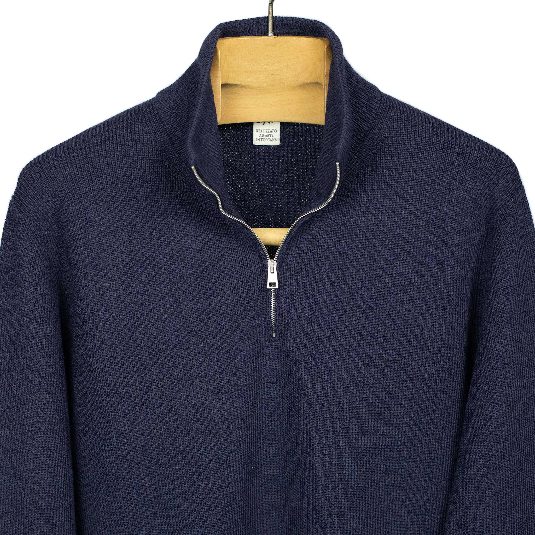 Quarter-zip sweater in Blue ribbed merino wool