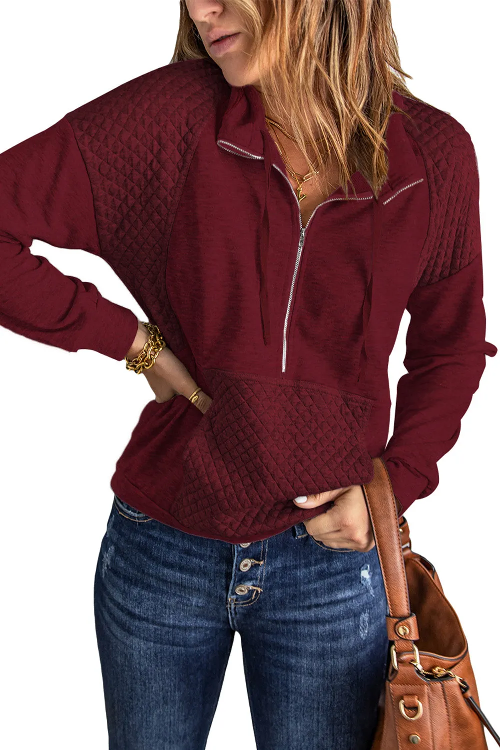 Quilted Patchwork Half Zip Sweatshirt