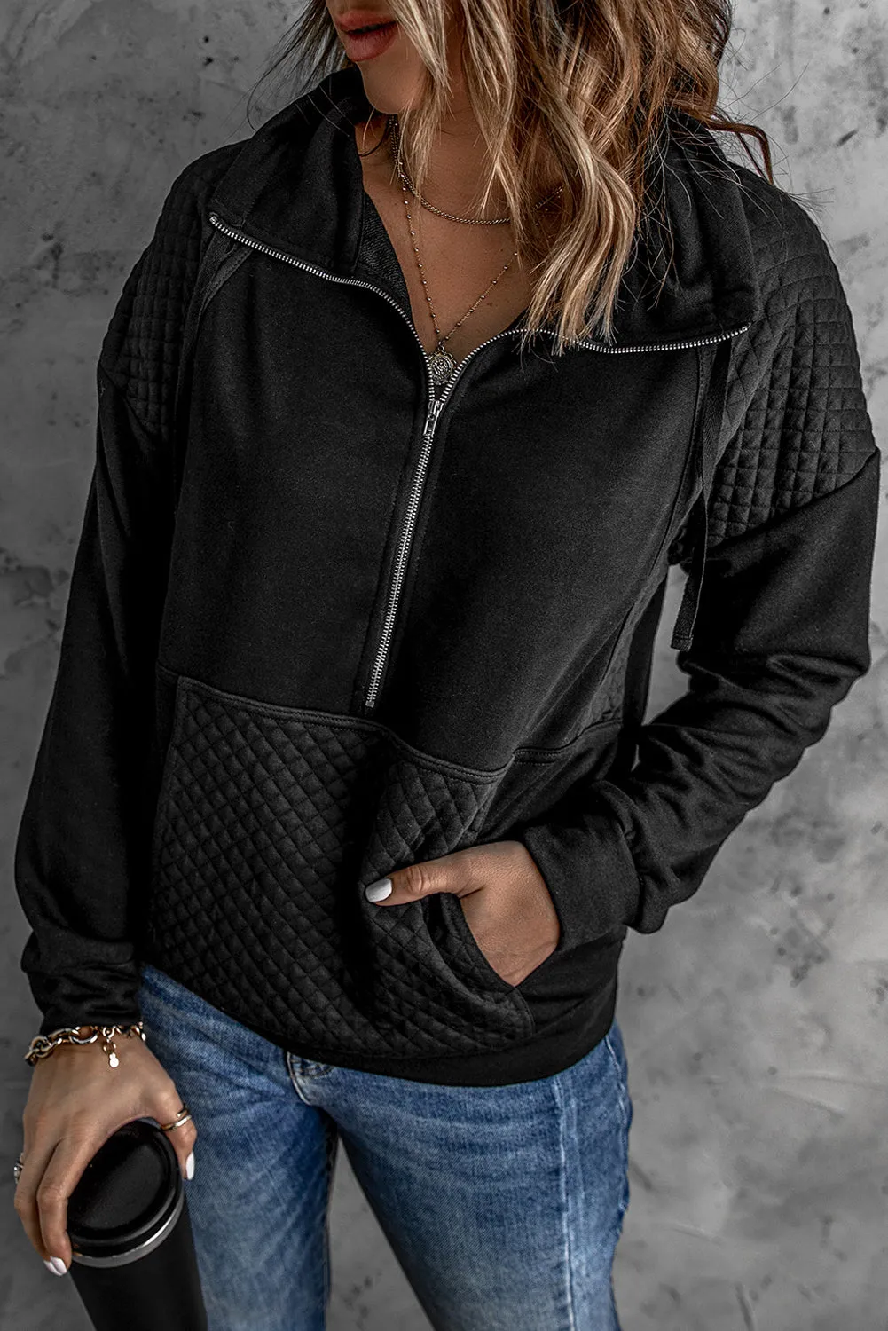 Quilted Patchwork Half Zip Sweatshirt