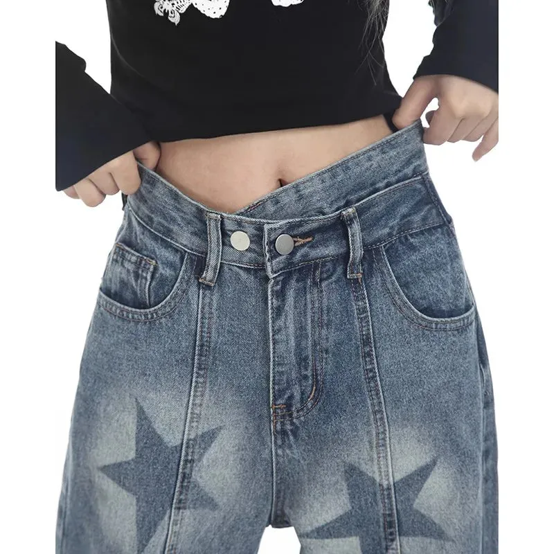 Stylish Star Pattern Baggy Loose Straight Hip Hop Denim Jeans for Summer