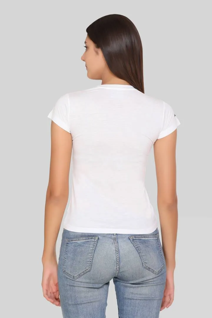 Trendy Printed Crew Neck White T-shirt For Women