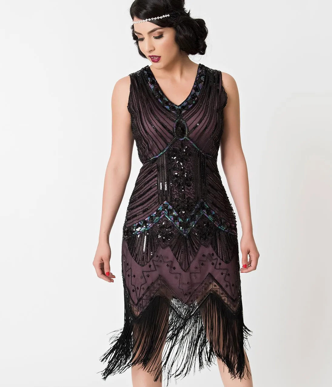 Unique Vintage 1920s Deco Purple & Black Sequin Veronique Fringe Flapper Dress