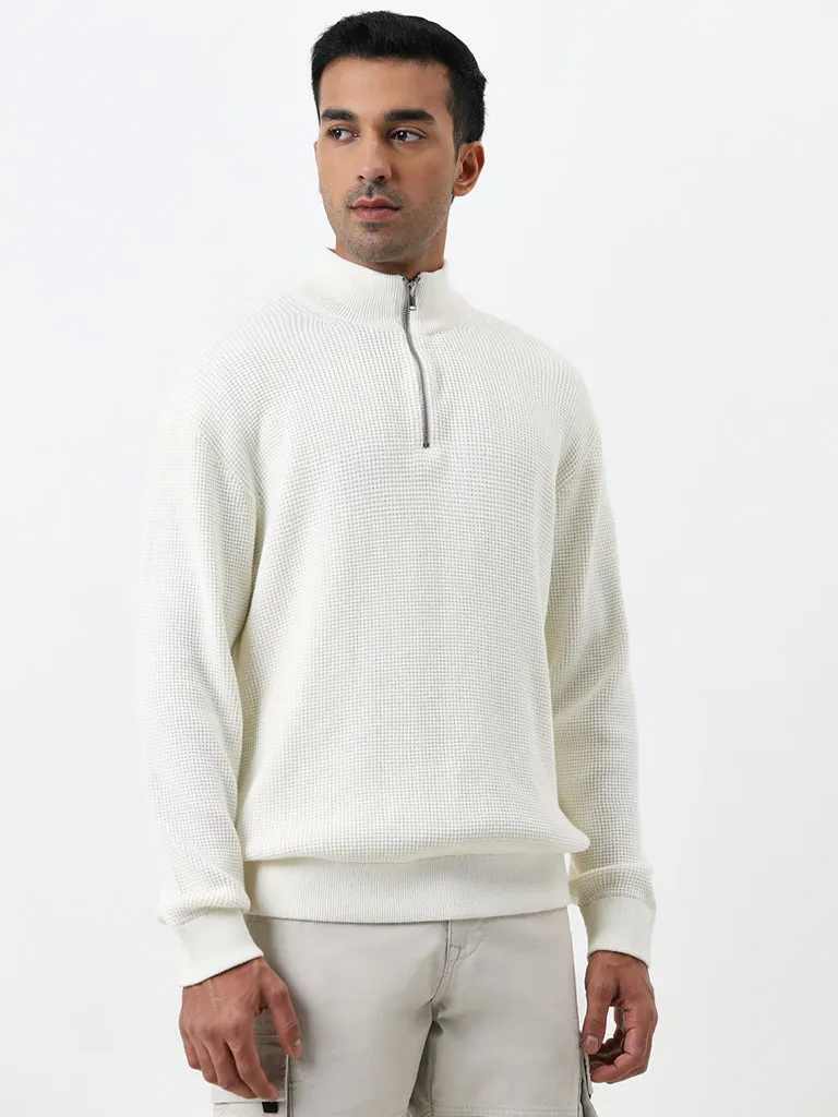 WES Casuals White Textured Relaxed-Fit Cotton Sweater