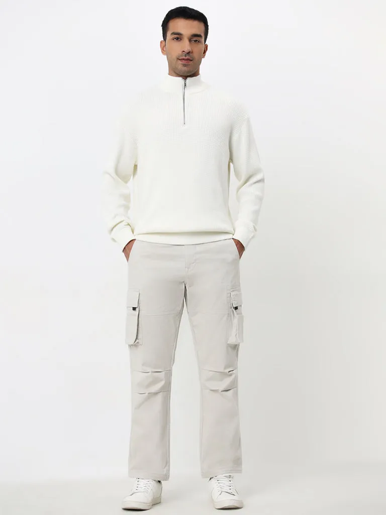 WES Casuals White Textured Relaxed-Fit Cotton Sweater