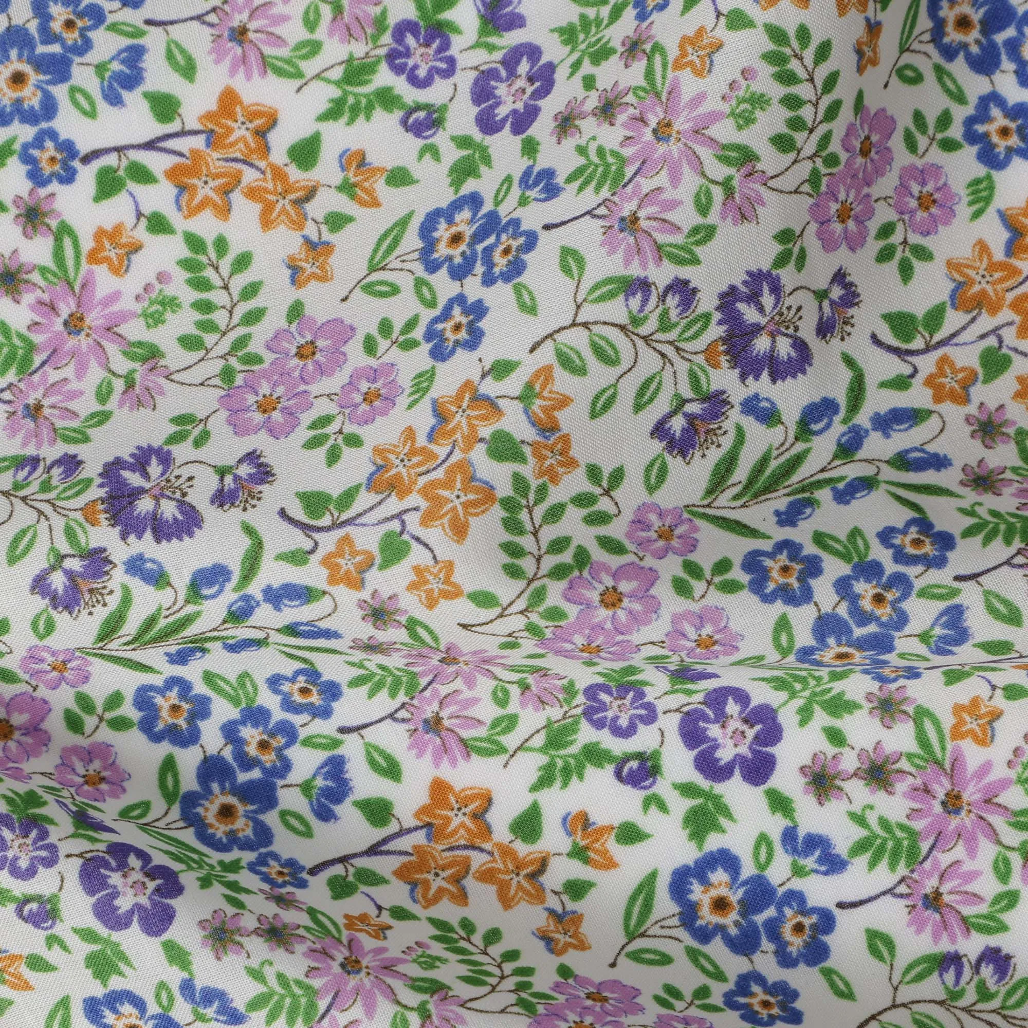 White and Multicolor Floral Cotton Lawn Digital Print Fabric - 110 cm Width-D21233