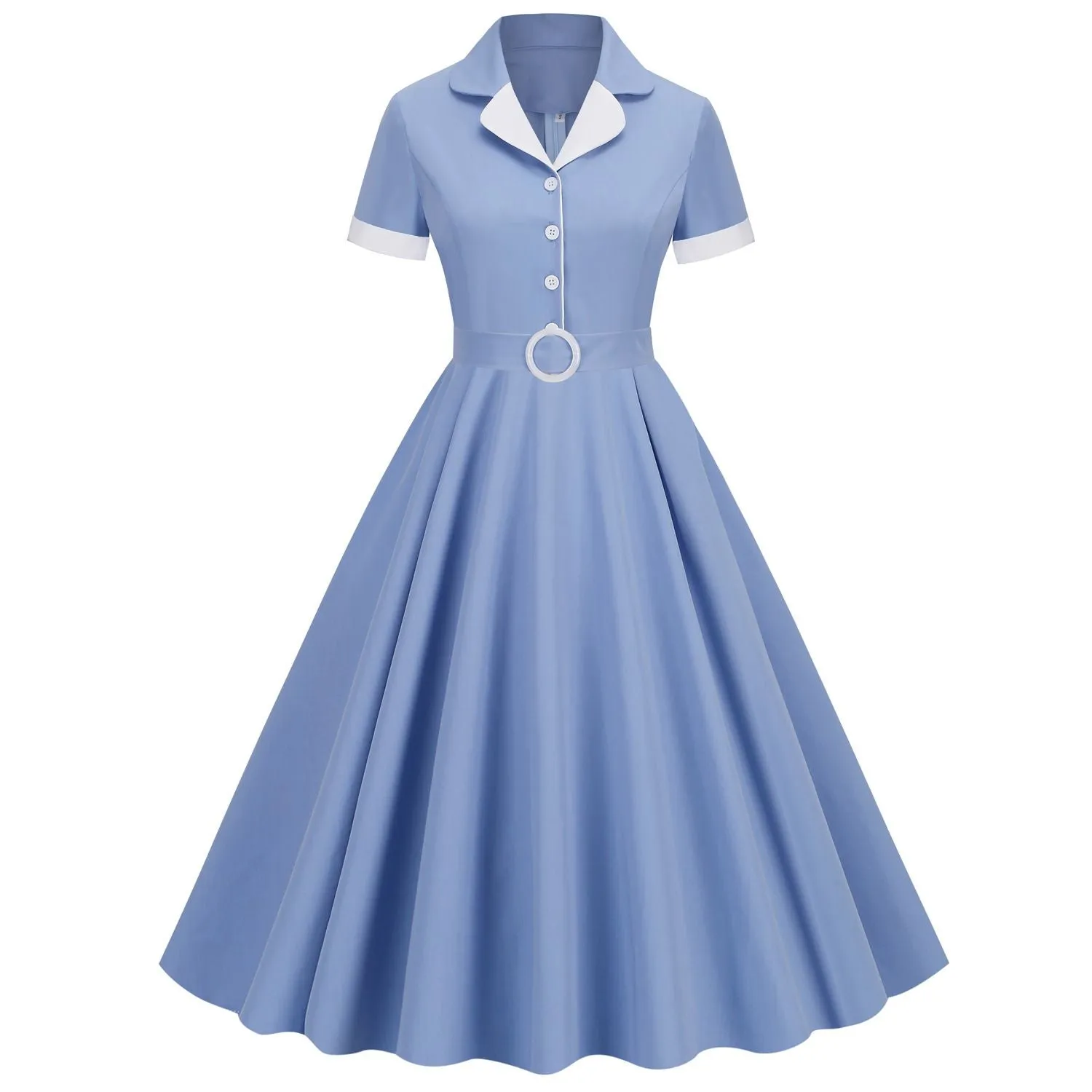 Womens Button Up 1950s Vintage Dresses Women Short Sleeve Belted Summer Swing Dress