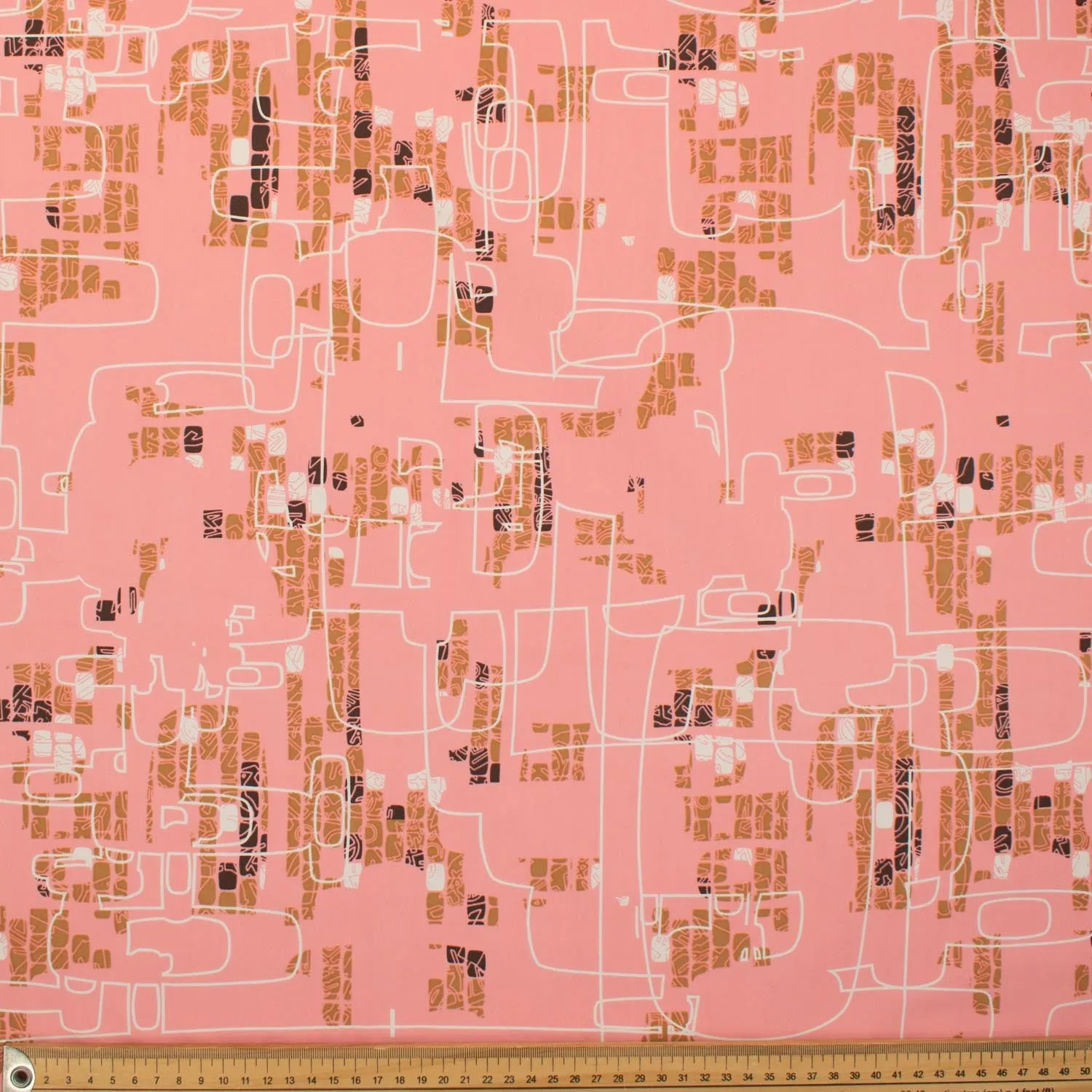 Woven Polyester Nylon Prints Design-12 White & Tan Geometric on Coral